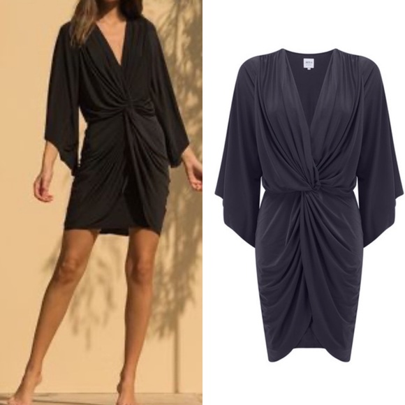 Misa Los Angeles Teget Draped Twist Front Bell
Sleeve Mini Dress: Navy Blue - Picture 1 of 12